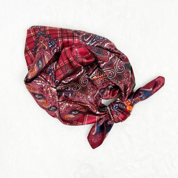 Vintage Scarf Burgundy Navy Paisley Pattern Square - Picture 2 of 8